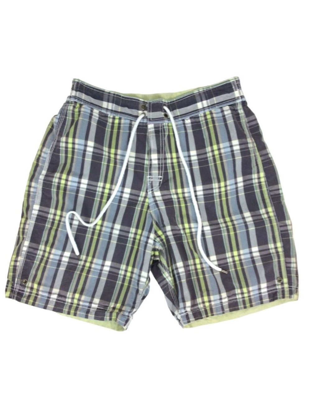 Tailor Vintage Reversible Swim Trunks Medium Green Gray Plaid Drawstring Waist